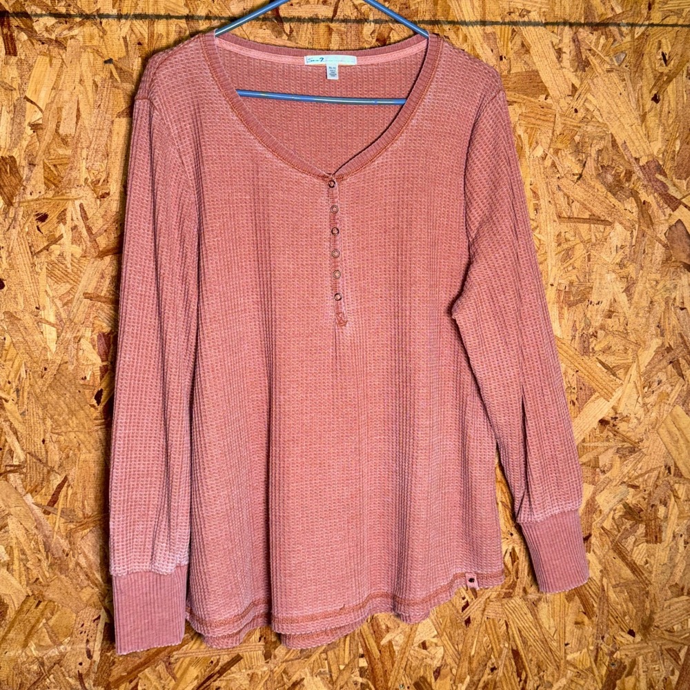 Seven7 Waffle Knit Sweater Relaxed Fit 2XL Henley Top Camel Rustic Brown Cozy